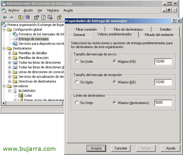 Configuration des limites dans Microsoft Exchange 2003,