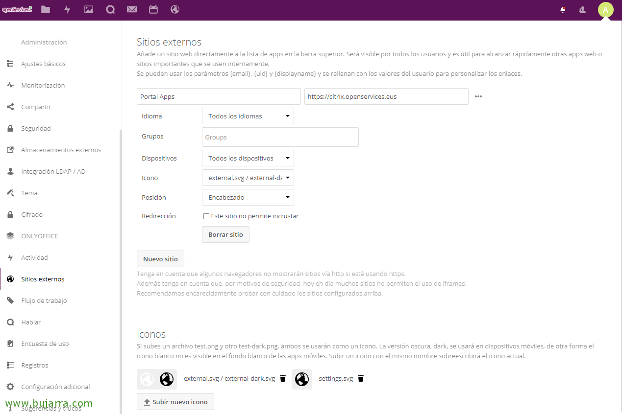Creant accessos a llocs web externs a Nextcloud